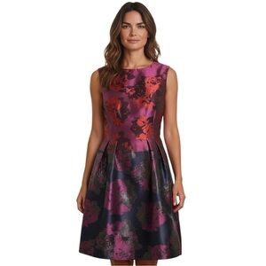 Vince Camuto Dress Women’s Sz 2 Navy Red  Fit Flare Floral Jacquard Sleeveless